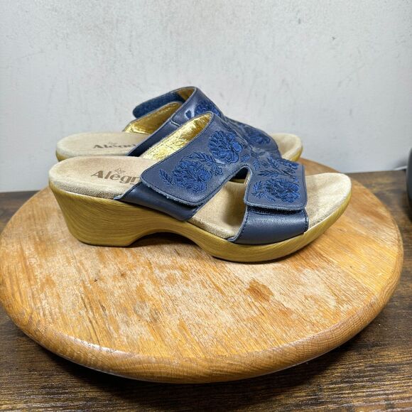 Alegria Leather Embroidered Wedge Sandal Navy LIN-622N Shoes Women’s Size 8.5‎ - Picture 1 of 8